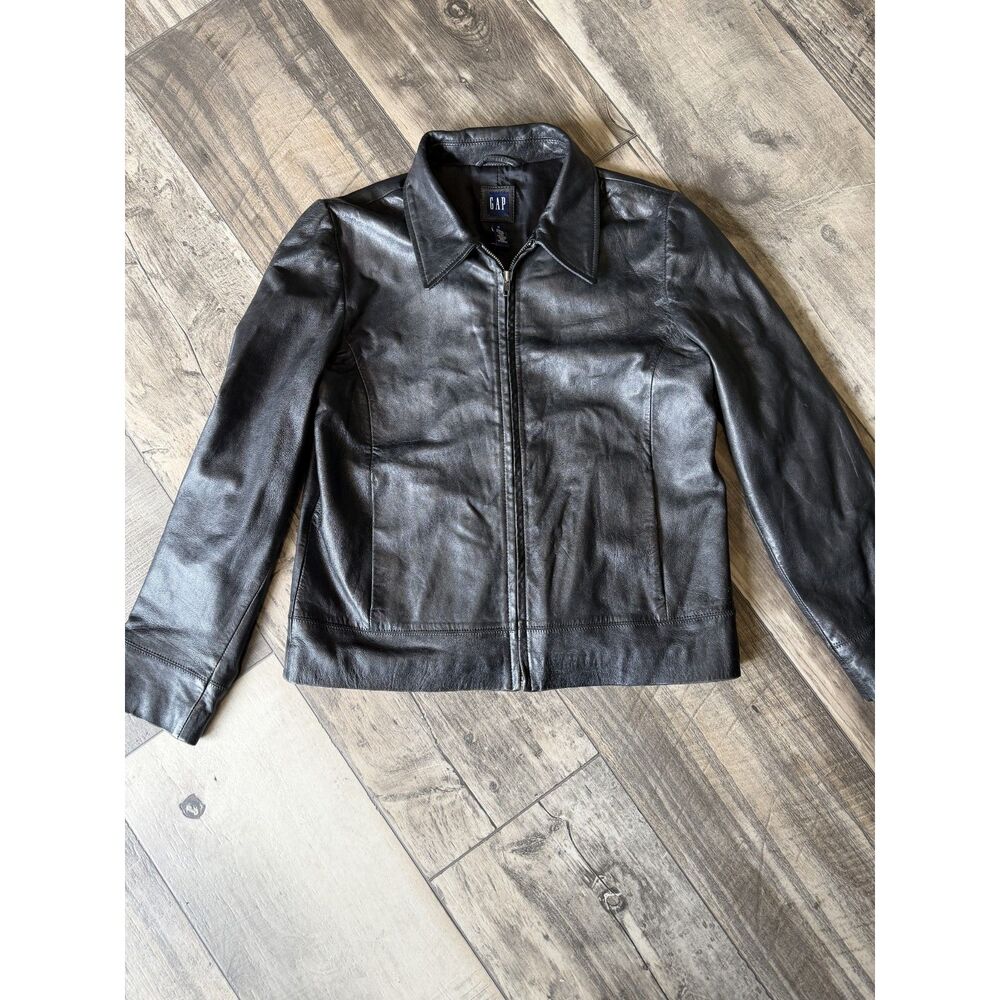 VTG ]GAP Womens M Black Leather Zip Jacket Moto Indie Sleaze Grunge RetroCore